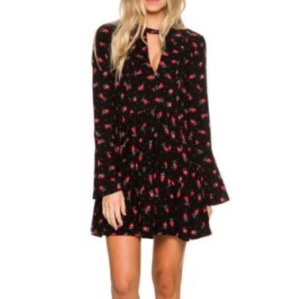 Free People Black Long Sleeve Mini Dress with Red Floral Print
